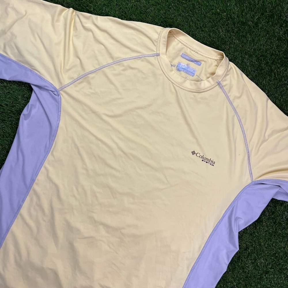 Columbia PFG Shirt XL Yellow Purple Omni-Shade Fishing Swim Rashguard Tee‎